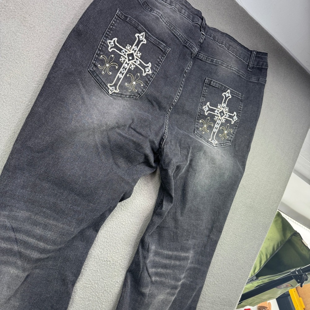 Romwe Jeans Women 2XL W39 Black Cross Embroidered Flare Plus Denim Gothic Y2K - Picture 3 of 11